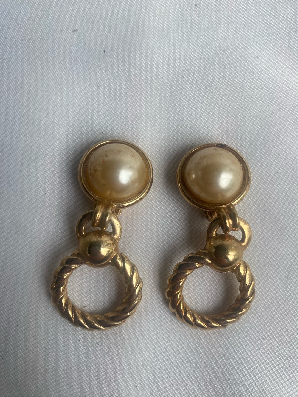 VTG Goldtone Pearl Drop Hoop Earrings clip on by Gio
